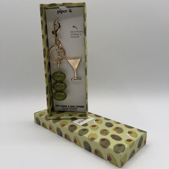 Piper K Olive Martini Keychain Bag Charm Glass Stones Summer Cocktail Gift - Picture 3 of 5